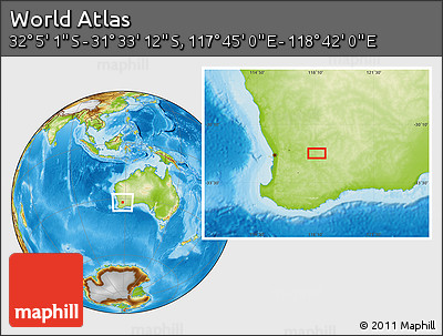 Physical Location Map of the Area around 31° 49' 7" S, 118° 13' 29" E