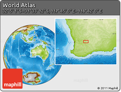 Physical Location Map of the Area around 31° 49' 7" S, 118° 13' 29" E