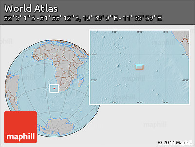 Gray Location Map of the Area around 31° 49' 7" S, 11° 7' 30" E, hill shading