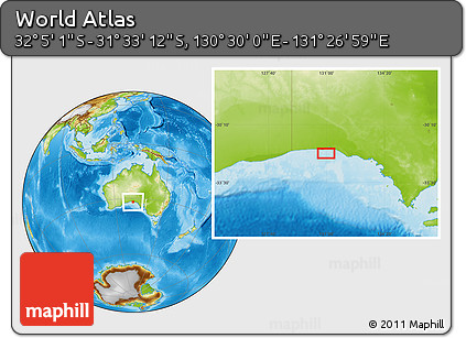 Physical Location Map of the Area around 31° 49' 7" S, 130° 58' 29" E