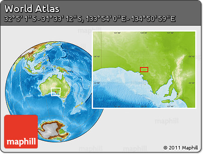 Physical Location Map of the Area around 31° 49' 7" S, 134° 22' 30" E