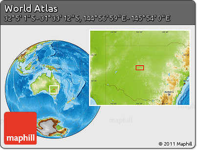 Physical Location Map of the Area around 31° 49' 7" S, 145° 25' 30" E
