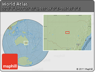 Savanna Style Location Map of the Area around 31° 49' 7" S, 146° 16' 30" E, hill shading