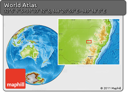 Physical Location Map of the Area around 31° 49' 7" S, 148° 49' 29" E