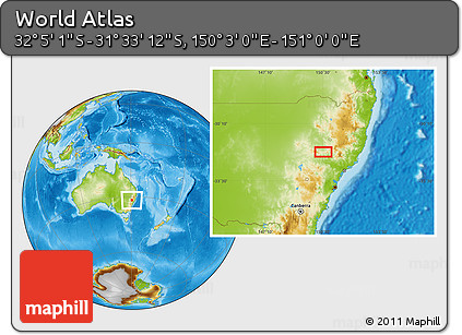 Physical Location Map of the Area around 31° 49' 7" S, 150° 31' 30" E