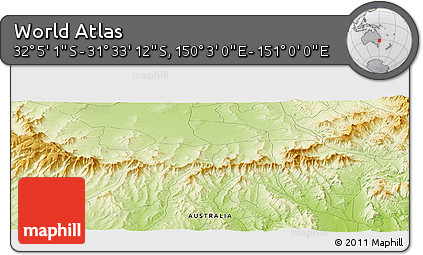 Physical Panoramic Map of the Area around 31° 49' 7" S, 150° 31' 30" E