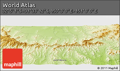 Physical Panoramic Map of the Area around 31° 49' 7" S, 150° 31' 30" E