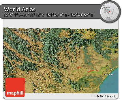 Satellite 3D Map of the Area around 31° 49' 7" S, 152° 13' 29" E