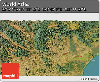 Satellite 3D Map of the Area around 31° 49' 7" S, 152° 13' 29" E