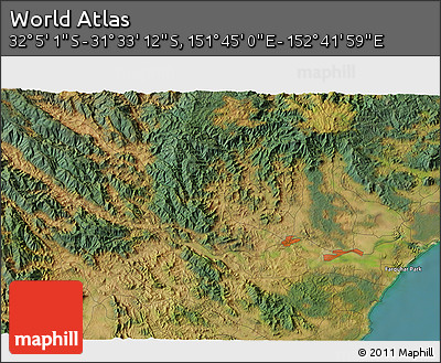 Satellite 3D Map of the Area around 31° 49' 7" S, 152° 13' 29" E