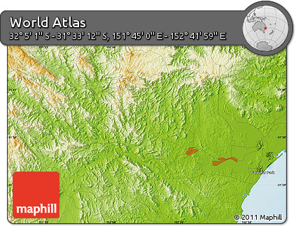 Physical Map of the Area around 31° 49' 7" S, 152° 13' 29" E