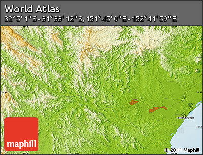 Physical Map of the Area around 31° 49' 7" S, 152° 13' 29" E