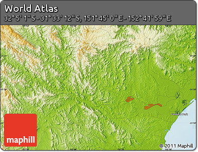 Physical Map of the Area around 31° 49' 7" S, 152° 13' 29" E