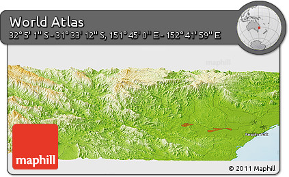 Physical Panoramic Map of the Area around 31° 49' 7" S, 152° 13' 29" E