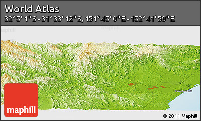 Physical Panoramic Map of the Area around 31° 49' 7" S, 152° 13' 29" E