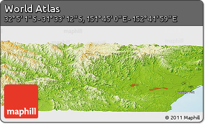 Physical Panoramic Map of the Area around 31° 49' 7" S, 152° 13' 29" E
