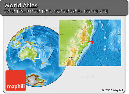 Physical Location Map of the Area around 31° 49' 7" S, 153° 4' 29" E
