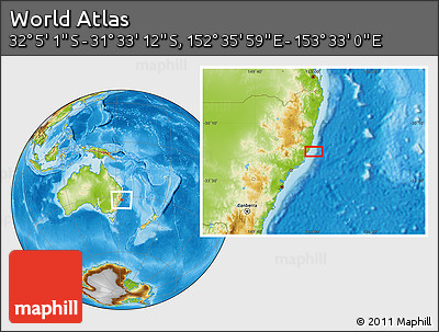 Physical Location Map of the Area around 31° 49' 7" S, 153° 4' 29" E