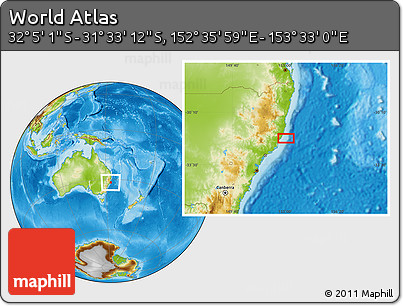 Physical Location Map of the Area around 31° 49' 7" S, 153° 4' 29" E