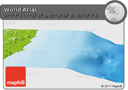Physical Panoramic Map of the Area around 31° 49' 7" S, 153° 4' 29" E