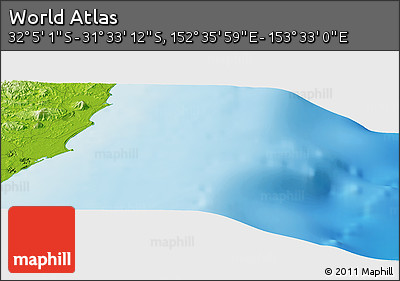 Physical Panoramic Map of the Area around 31° 49' 7" S, 153° 4' 29" E