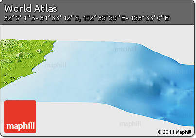 Physical Panoramic Map of the Area around 31° 49' 7" S, 153° 4' 29" E