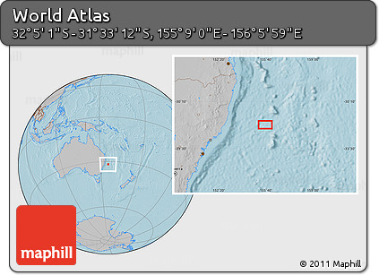 Gray Location Map of the Area around 31° 49' 7" S, 155° 37' 30" E, hill shading