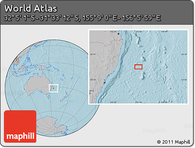Gray Location Map of the Area around 31° 49' 7" S, 155° 37' 30" E, hill shading