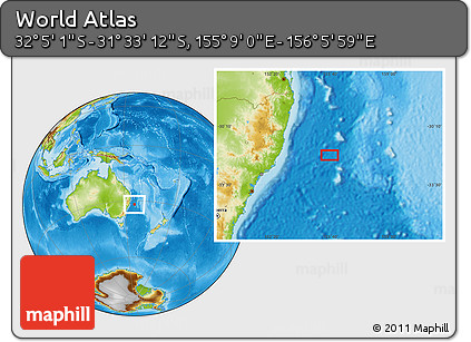 Physical Location Map of the Area around 31° 49' 7" S, 155° 37' 30" E
