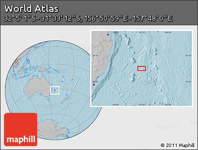 Gray Location Map of the Area around 31° 49' 7" S, 157° 19' 29" E, hill shading