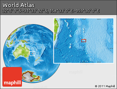 Physical Location Map of the Area around 31° 49' 7" S, 159° 1' 30" E