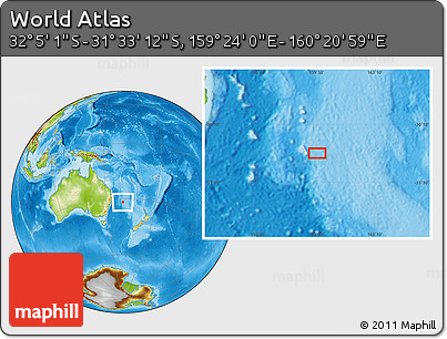 Physical Location Map of the Area around 31° 49' 7" S, 159° 52' 30" E