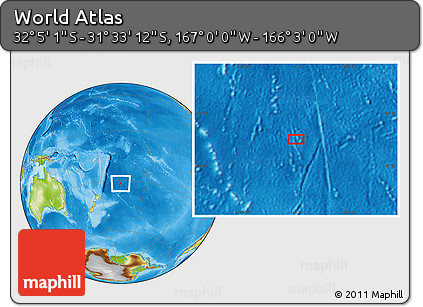 Physical Location Map of the Area around 31° 49' 7" S, 166° 31' 30" W