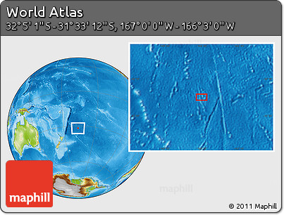 Physical Location Map of the Area around 31° 49' 7" S, 166° 31' 30" W