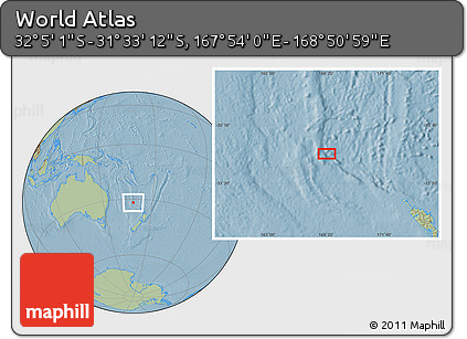 Savanna Style Location Map of the Area around 31° 49' 7" S, 168° 22' 30" E, hill shading
