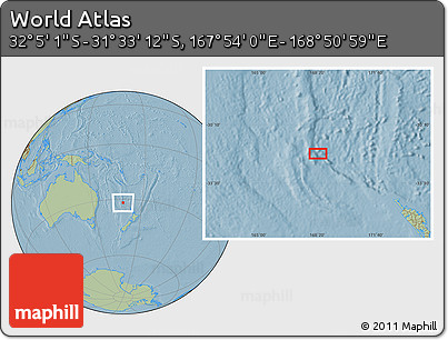 Savanna Style Location Map of the Area around 31° 49' 7" S, 168° 22' 30" E, hill shading
