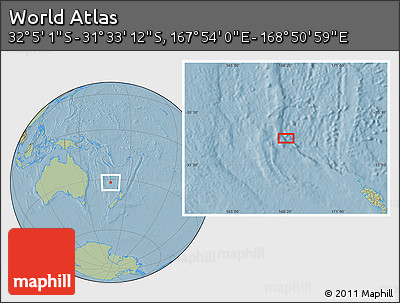 Savanna Style Location Map of the Area around 31° 49' 7" S, 168° 22' 30" E, hill shading