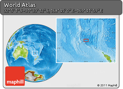 Physical Location Map of the Area around 31° 49' 7" S, 169° 13' 29" E
