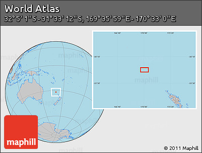 Gray Location Map of the Area around 31° 49' 7" S, 170° 4' 29" E