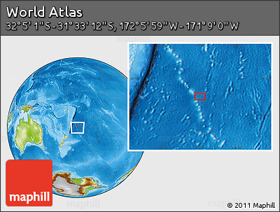 Physical Location Map of the Area around 31° 49' 7" S, 171° 37' 30" W