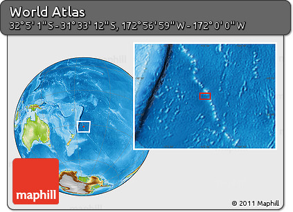 Physical Location Map of the Area around 31° 49' 7" S, 172° 28' 29" W