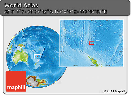 Physical Location Map of the Area around 31° 49' 7" S, 173° 28' 29" E