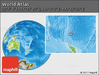 Physical Location Map of the Area around 31° 49' 7" S, 173° 28' 29" E