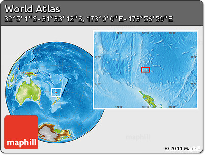 Physical Location Map of the Area around 31° 49' 7" S, 173° 28' 29" E