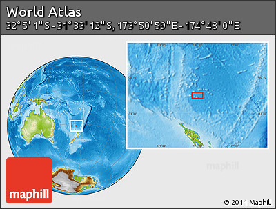 Physical Location Map of the Area around 31° 49' 7" S, 174° 19' 29" E