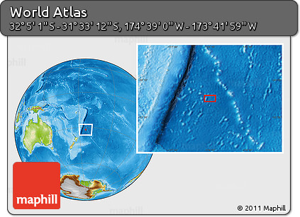 Physical Location Map of the Area around 31° 49' 7" S, 174° 10' 30" W