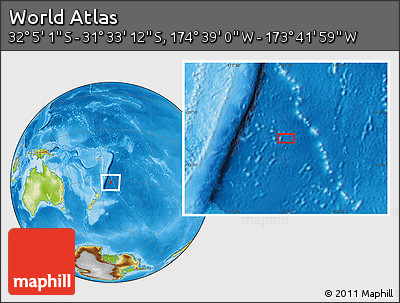 Physical Location Map of the Area around 31° 49' 7" S, 174° 10' 30" W