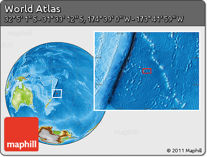 Physical Location Map of the Area around 31° 49' 7" S, 174° 10' 30" W