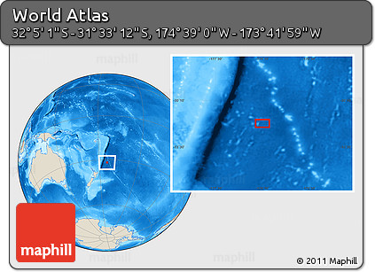 Shaded Relief Location Map of the Area around 31° 49' 7" S, 174° 10' 30" W