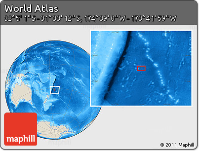 Shaded Relief Location Map of the Area around 31° 49' 7" S, 174° 10' 30" W